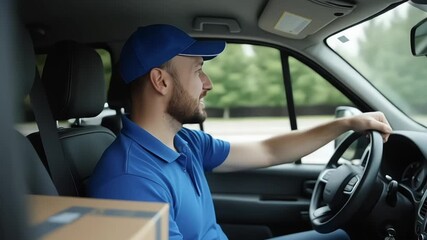 Delivery driver wearing a blue uniform and cap driving a van delivering packages