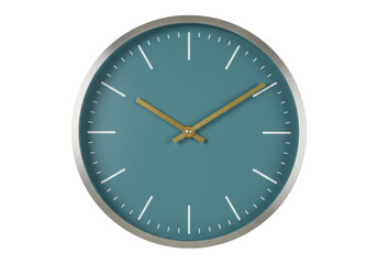 Modern teal wall clock with gold hands isolated on transparent background, minimalist timekeeping for home decor and office use