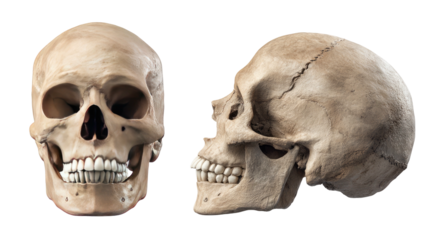 Two views A front and profile rendering of a human skull against a stark black backdrop