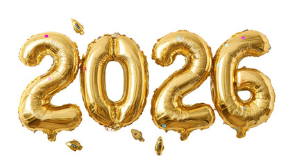 Fototapeta premium Shiny gold foil balloons spelling out the year 2026, floating with confetti