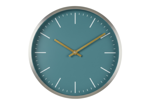 Modern teal wall clock with gold hands isolated on transparent background, minimalist timekeeping for home decor and office use