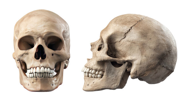 Two views A front and profile rendering of a human skull against a stark black backdrop
