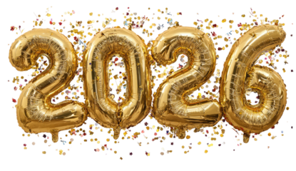 Gold foil balloons form the year 2026 amidst colorful confetti on a dark background