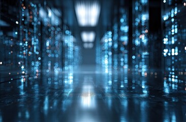 Blurred perspective of a futuristic data center hallway with glowing digital infrastructure