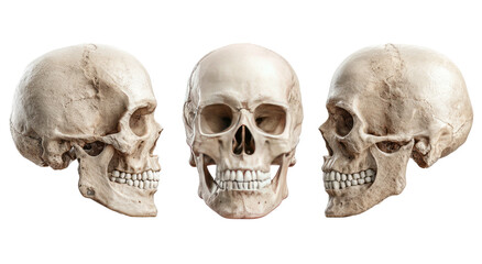 Three anatomical human skull models are isolated against a black background in various angles