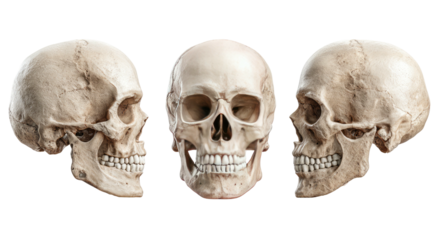 Three anatomical human skull models are isolated against a black background in various angles