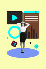 Collage of business blogger man woman deice digital gadget chat window symbolizing ideas online media social platforms