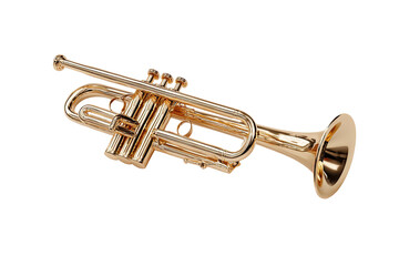 Obraz premium A shiny, golden trumpet rendered against a stark black background, showcasing its intricate design