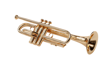 A shiny, golden trumpet rendered against a stark black background, showcasing its intricate design