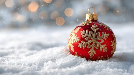 Red Christmas ornament with golden snowflake decoration resting on snow, festive holiday symbol with winter background
