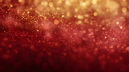 Golden festive bokeh lights glowing on red background, warm sparkling holiday design with glitter effect
