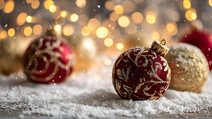 Christmas ornaments in snow with golden bokeh lights
