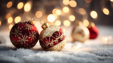 Christmas ornaments in snow with golden bokeh lights
