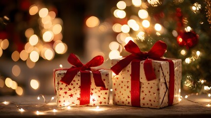 Christmas gifts with red ribbon under festive lights