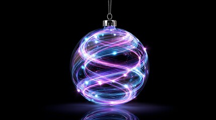 Futuristic glowing Christmas bauble with neon light trails
