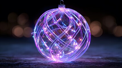Futuristic glowing Christmas bauble with neon light trails

