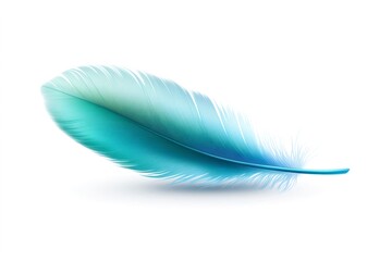 Obraz premium Blue iridescent feather resting on a white surface, creating a delicate shadow. Concept of lightness, dreams, and purity
