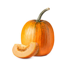 Fresh ripe pumpkins isolated on white. Whole and slice