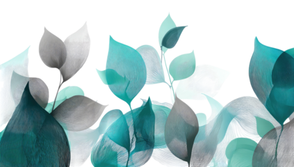 Abstract artwork featuring overlapping leaves in shades of teal, gray, and white against black