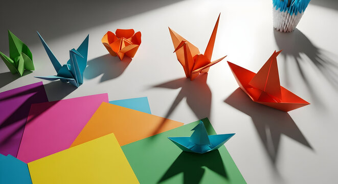 Colorful paper squares are scattered on a wooden table, along with finished origami cranes, frogs, and lotus flowers, as well as tools like scissors and a ruler.
