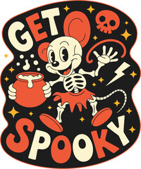 Obraz premium Delightfully spooky retro Halloween design featuring a charming skeleton mouse holding a cauldron, perfect for playful holiday greetings and festive decorations
