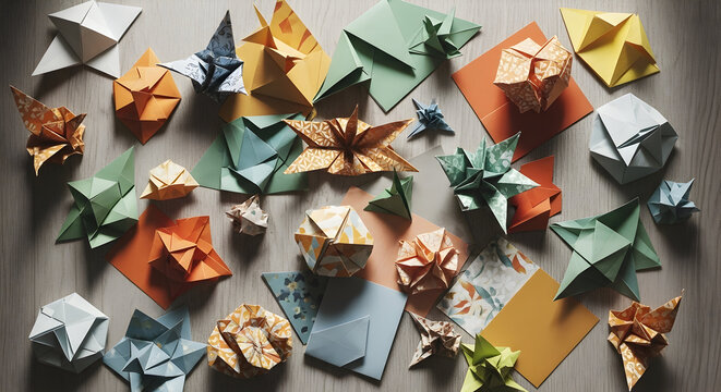Colorful paper squares are scattered on a wooden table, along with finished origami cranes, frogs, and lotus flowers, as well as tools like scissors and a ruler.
