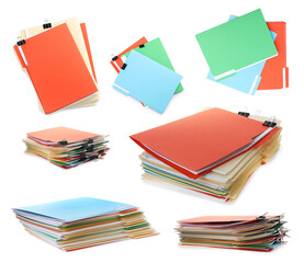 Documents in colorful file folders with binder clips isolated on white, set