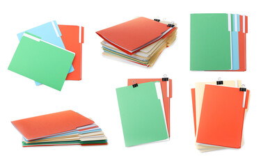 Documents in colorful file folders with binder clips isolated on white, set