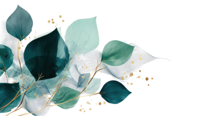 Watercolor style, elegant foliage with blue-green leaves and gold accents on a dark background