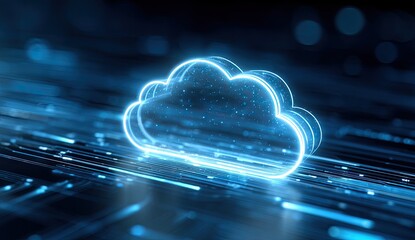 A glowing blue cloud symbol with streaks of light against a dark background representing digital technology