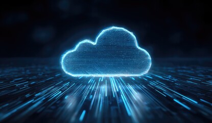 Digital cloud formation with streaming lines on a dark background, glowing blue