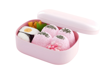 Delightful pink bento box filled with charming rice balls and sushi for a perfect mealtime adventure.