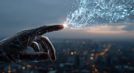 Digital hand touching a glowing, network-like connection over a blurred city skyline