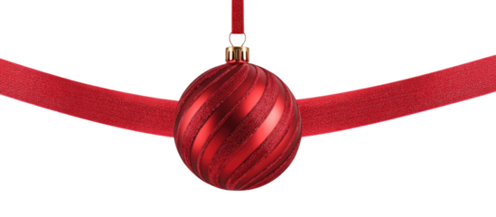 Festive decoration featuring a glossy red bauble with ribbon against a solid black background
