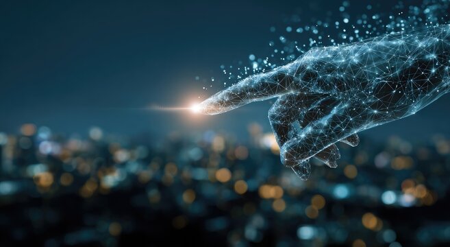 Digital hand with glowing fingertip points towards a blurred cityscape at night
