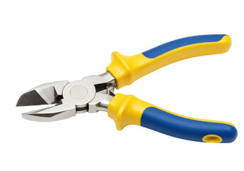 Side cutting pliers isolated on white, blue and yellow handled tool for electrical work and wire cutting