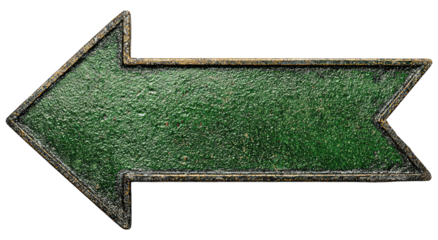An aged, green directional arrow, outlined with weathered metal, points toward the left on black