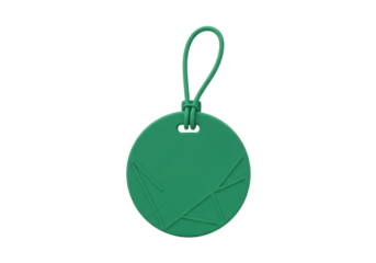 Green round tag with loop isolated on transparent background, luggage label for travel and identification