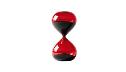 A vibrant red and black hourglass against a stark black backdrop, conveying the passage of time