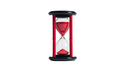 A vibrant red-filled hourglass against a stark black backdrop, with a contrasting white filled bottom