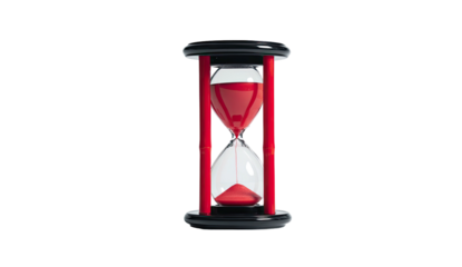 A vibrant red-filled hourglass against a stark black backdrop, with a contrasting white filled bottom