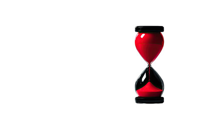 An hourglass filled with a deep red substance is silhouetted against a vast black background