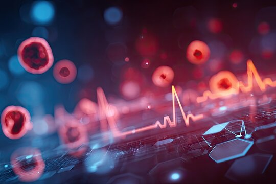 An abstract medical illustration featuring cellular structures and a glowing electrocardiogram