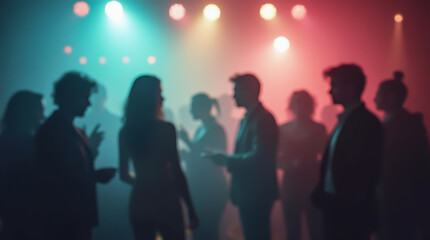 Abstract shot of club life, showing blurred silhouettes of club-goers immersed in dancing and socializing under multicolored disco lighting