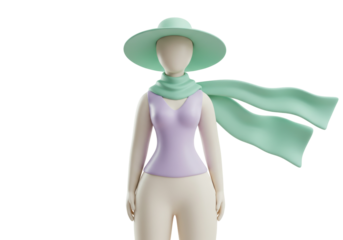 Stylized faceless woman with hat and scarf isolated on transparent background, 3D rendering of female figure in summer outfit PNG
