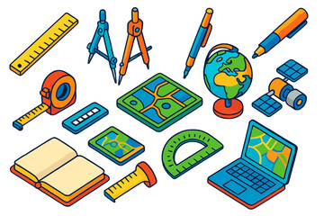 Cartography Tools Icons. Isometric vector illustration set Cartography Tools: ruler, divider, compass drawing tool, drafting pen,