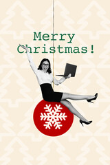 Exclusive image art pop trend collage of happy businesswoman freelancer hold laptop sit ball tot new year tree snowflake decor