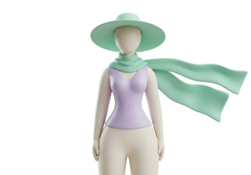 Stylized faceless woman with hat and scarf isolated on transparent background, 3D rendering of female figure in summer outfit PNG