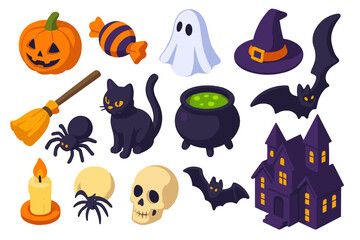 Halloween Party Icons. Isometric vector illustration set Halloween Party Set: jack-o-lantern, candy, ghost figure, witch hat,