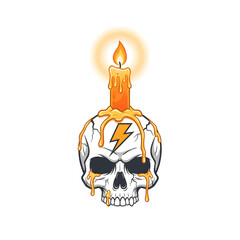 Vibrant Vector Art of a Cracked Skull with a Burning Candle, Dripping Wax, and Electric Lightning Bolt